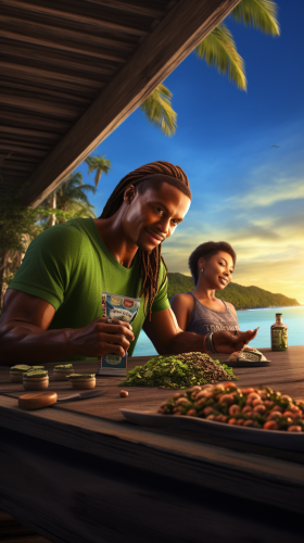 Black man and woman at table with natural supplements on tropical beach Black man and woman at table with natural supplements on tropical beach