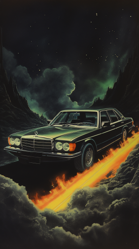 Black Mercedes C43 AMG driving through a nebula