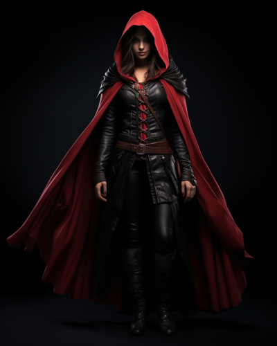 Elegant female assassin in black and red cloak