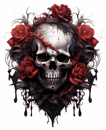 Intricate black and red roses with skull