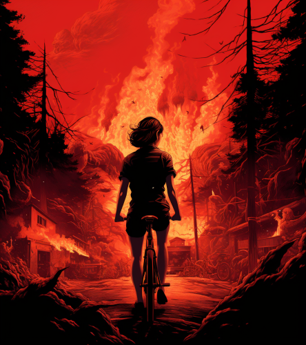 Illustration of woman holding a bicycle in a black and red shirt Illustration of woman holding a bicycle in a black and red shirt