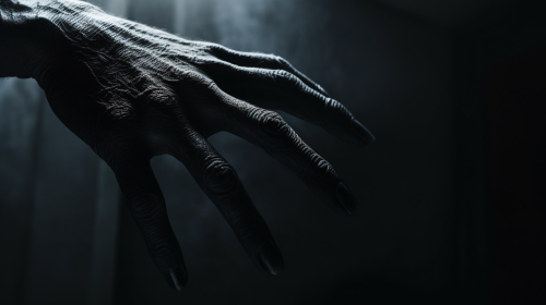 Close-up of black shadow monster's hand in room