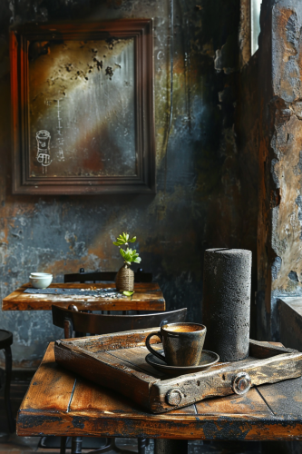 Black stone cylinder on wooden tray in cafe Black stone cylinder on wooden tray in cafe