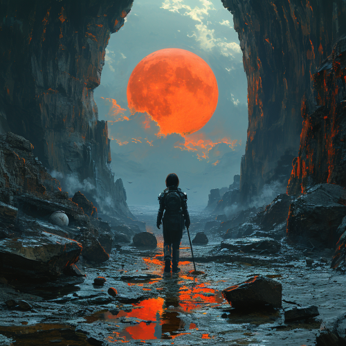 Person in black suit standing before the red moon