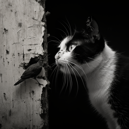 Black and white cave painting of cat eating bird Black and white cave painting of cat eating bird