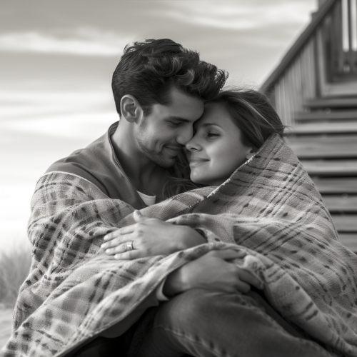 Happy young couple hugging under boardwalk