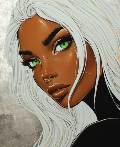 Black woman with green eyes on silver background