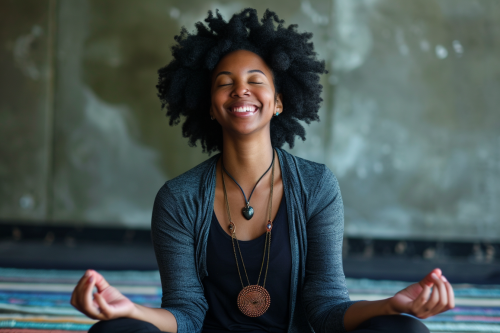 Black woman doing laughter yoga poses