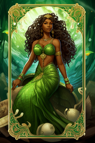 Artistic depiction of a black woman mermaid goddess