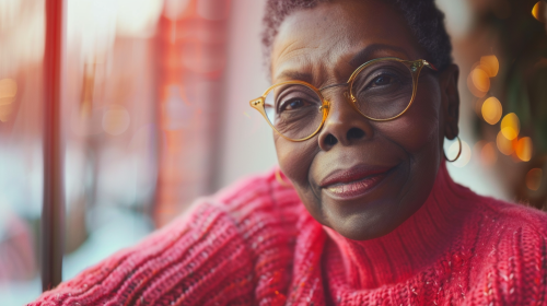 Black woman in red sweater smiling