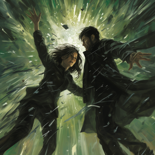 Intense Matrix fight with swirling leaves Intense Matrix fight with swirling leaves