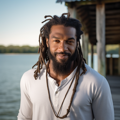 Black man with beard and dreadlocks at beach dock