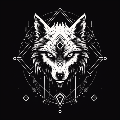 Black and white angry skull with wolf and circles