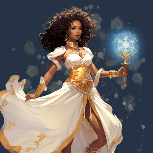 Black woman in white dress with small dagger
