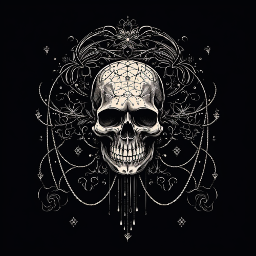 Artistic blackwork-style floating skull with voodoo ornaments and glow