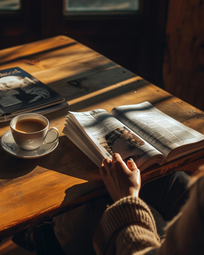 Person holding blank magazine in Spanish Cafe
