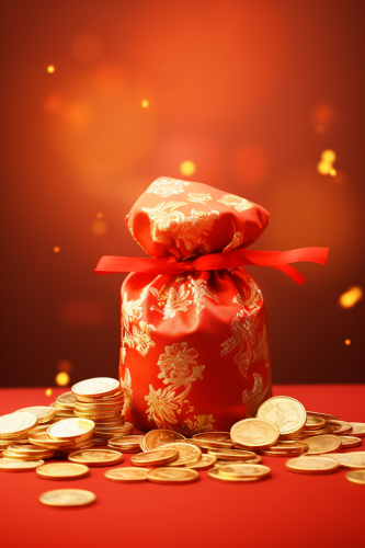 Chinese Style Blessing Bag overflowing with Gold Coins