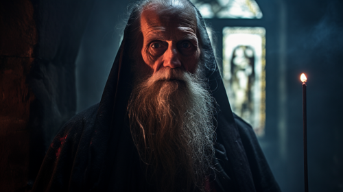 Image of a blind mystic monk expressing anger