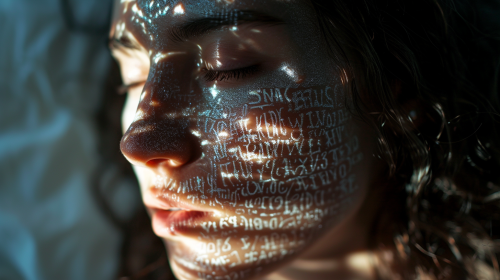 Woman with letters in blinding light