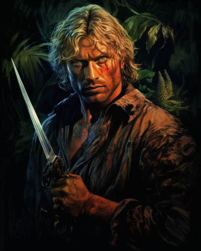 Aryan man in jungle holding weapon