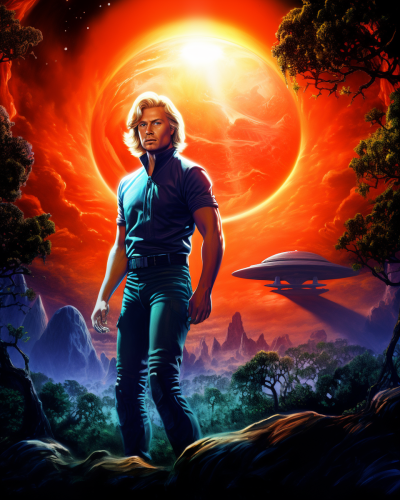 Blonde man with weapon and UFO