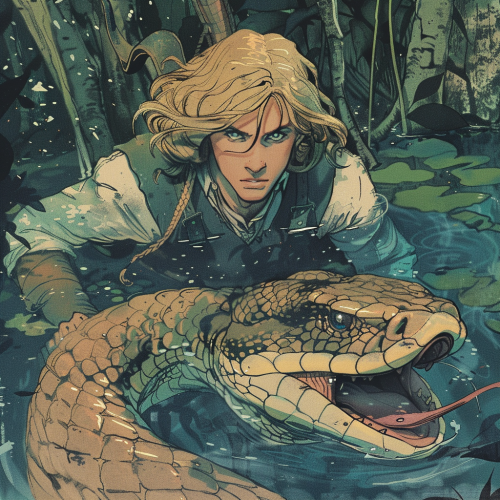 Blonde Prince Riding Giant Snake Art