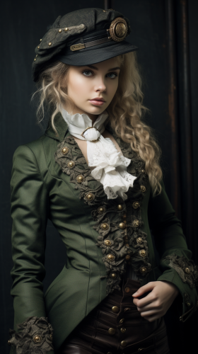 Blonde woman in lace suit, representing aristocracy and steampunk fashion
