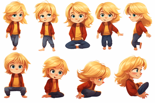 Blonde character standing and lying down, with mischievous expression Blonde character standing and lying down, with mischievous expression