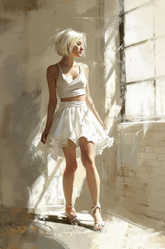 Beautiful blonde woman in white dress standing in a room