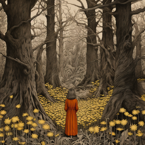 Whimsical forest with hiker