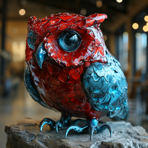 Blue and red owl sculptures art exhibition Blue and red owl sculptures art exhibition