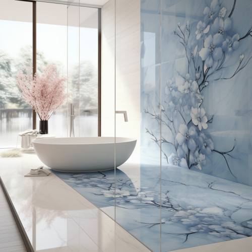 Durable porcelain slab with blue flower design