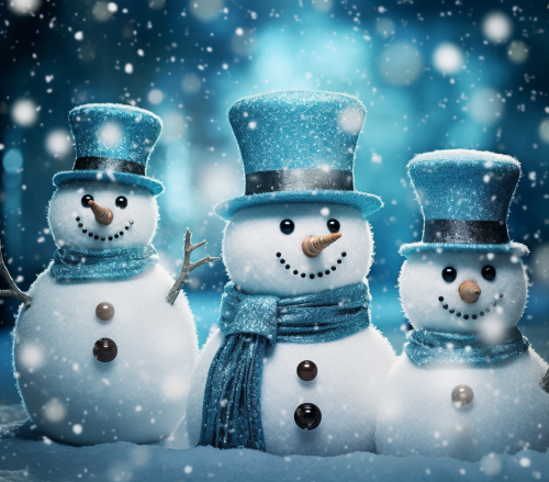 Three Sparkling Snowmen in Blue Hats