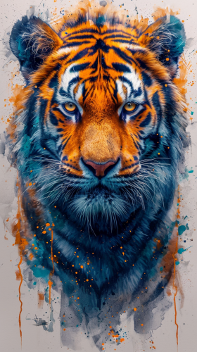 Blue Green Tiger Whimsical Watercolors