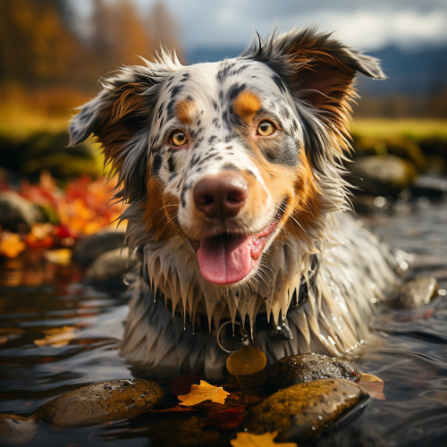 Blue Heeler Dog playing in stream with trout fishing