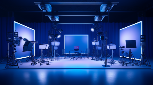 Professional photo studio with blue lights and camera lens