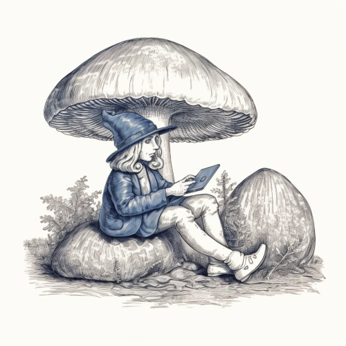 Adorable blue mushroom with laptop in lap Adorable blue mushroom with laptop in lap