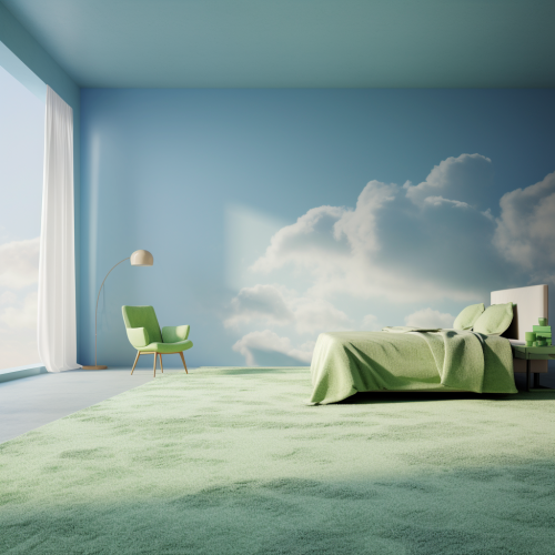 Blue sky wallpaper room with green carpet