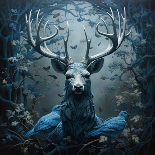 Blue songbirds on deer's antlers