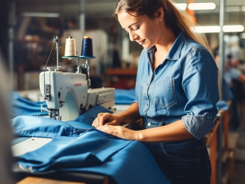 Professional sewing machine operator assembling blue trousers