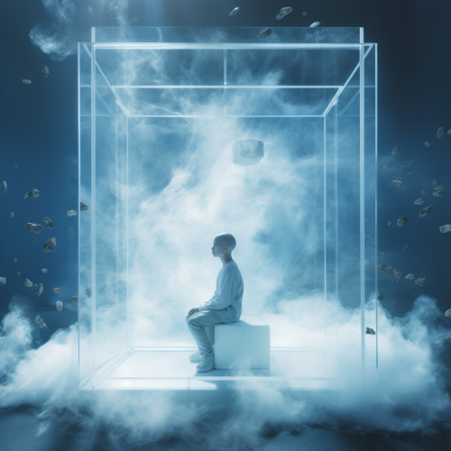 Bald Kid Meditating inside Glass Box on Blue Background