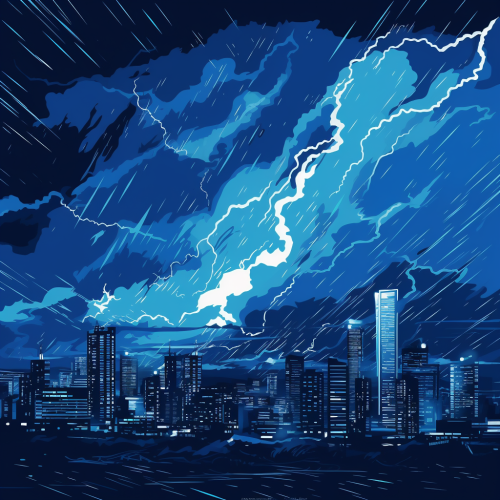 Lightning storm striking over city