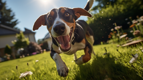 Energetic bluetick hound beagle mix playing in backyard