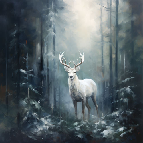 Beautiful white reindeer standing in a pineforest