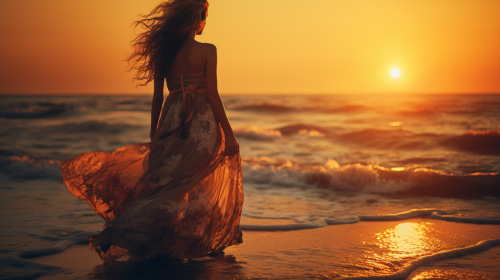 Boho dress on sunset beach by the sea