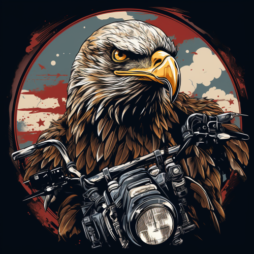 Black and white sticker of a bold eagle riding a motorcycle
