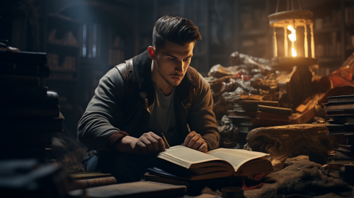Man reading book surrounded by books in fantasy setting