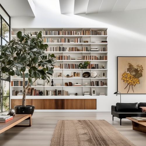 Modern bookshelf with plants, murano, and artwork Modern bookshelf with plants, murano, and artwork