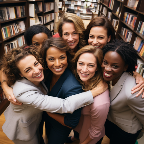 Friends having heartfelt group hug in bookstore