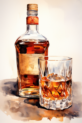 Watercolor bourbon bottle and glass artwork